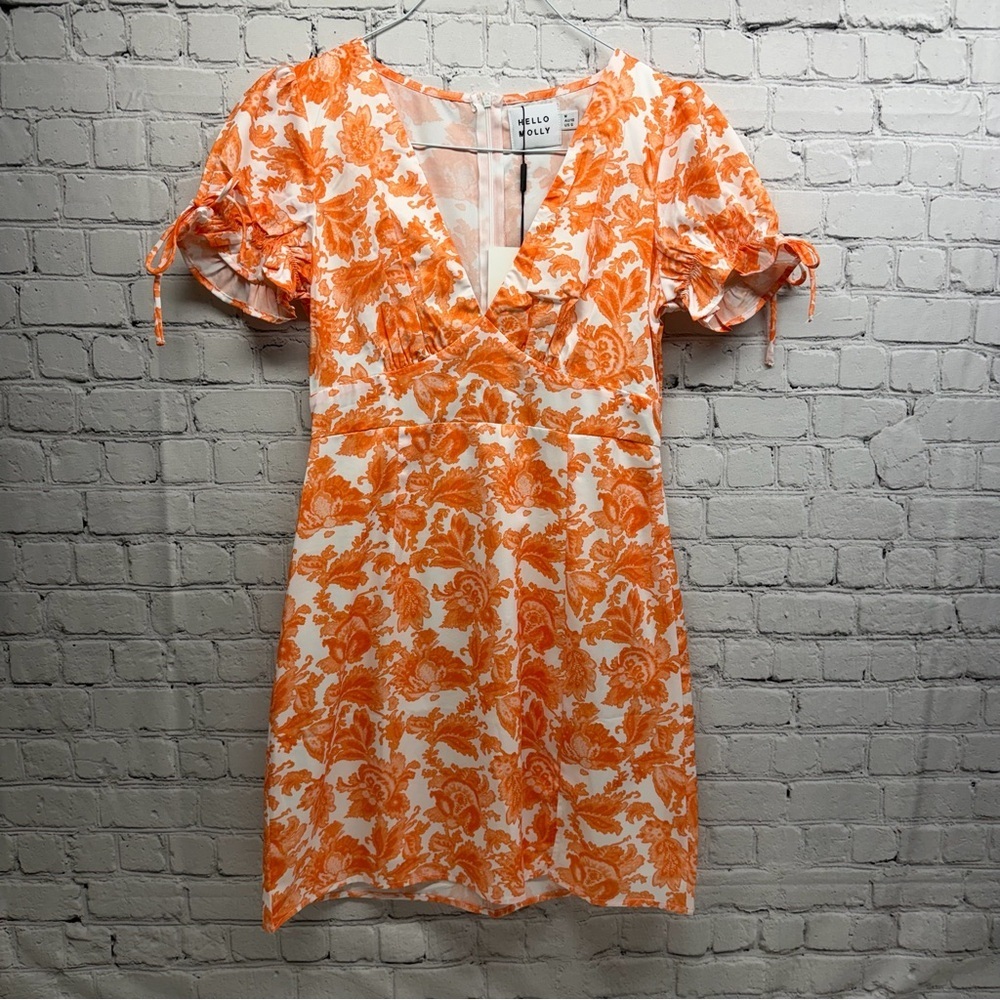 Hello Molly White & Orange Floral Tie-Sleeve Mini Dress size 6 NWT